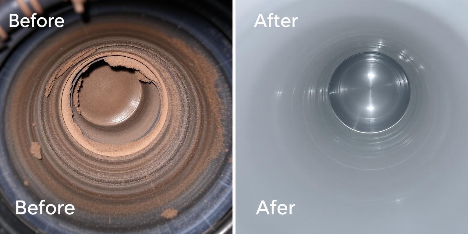 Before and after air duct cleaning showing dramatic dirt removal